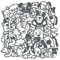 Collection of cute dogs. Set of doodle pets on a white background. Hand drawn illustration with black and white dogs ,Hand drawing Doodle