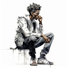 Naklejka premium Black young man in thinking and doubts illustration. Male hipster character with dreamy face on abstract background. Ai generated soft colored drawn poster.