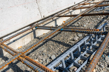 Metal reinforcement prepared for pouring concrete for concrete stairs. Close up.