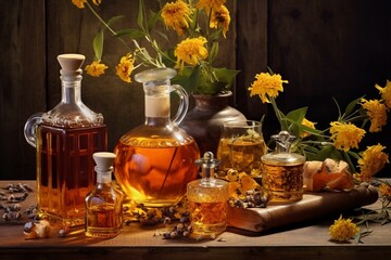 Bottles of amber oil and flowers on table. Generative AI