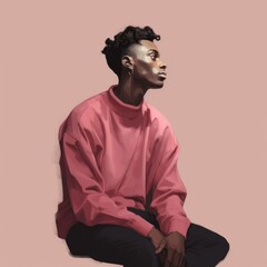 Fototapeta premium Black young man in thinking and doubts illustration. Male hipster character with dreamy face on abstract background. Ai generated bright drawn colorful poster.