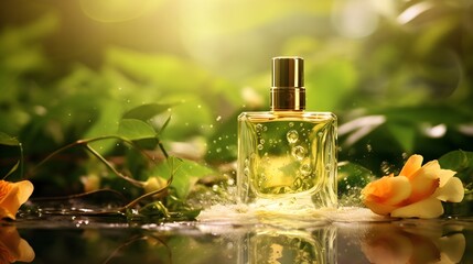 perfume bottles and flacons, essences, smells and aromas, splashes and tropical flowers, perfume industry concept