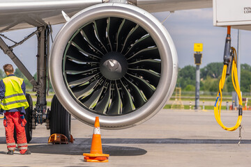 Aircraft engine close-up, aviation industry background