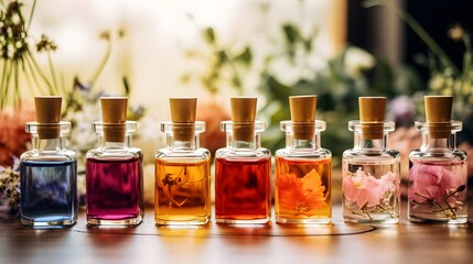 perfume bottles and flacons, essences, smells and aromas, splashes and tropical flowers, perfume industry concept - obrazy, fototapety, plakaty