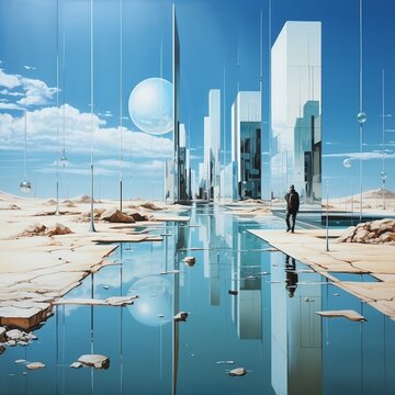 a reflection of some metal walls, in the style of surreal 3d landscapes, concrete, minimalist cityscapes, light beige and blue