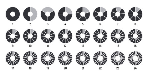 Circles divided into parts from 1 to 24. Black round chart for infographic, pie portion or pizza slice. Wheel division into fractions, circular shape sectors on white background