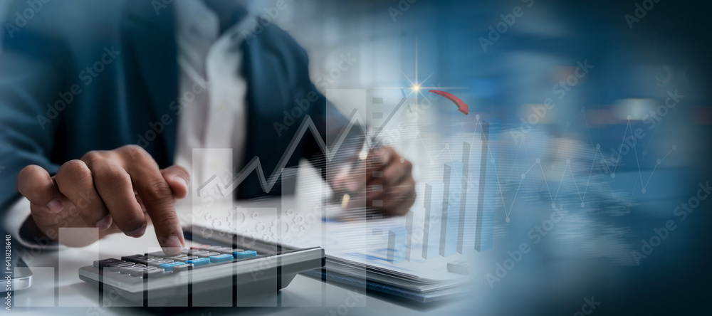 Poster digital marketing businessman working payment in office document hand using calculator to calculate 