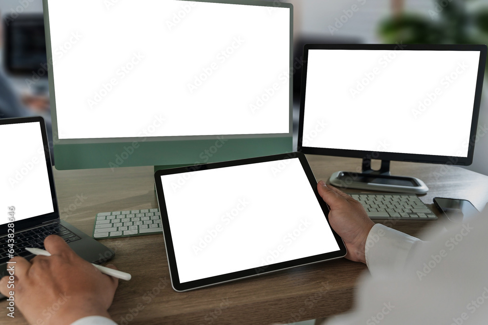 Poster young man working businessman using a desktop computer of the blank screen