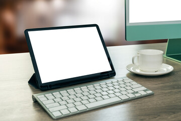 Laptop with blank screen on table. Workspace background new project on laptop computer with blank copy space screen for your advertising text message