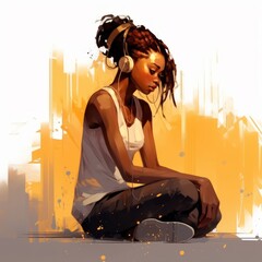 Black young woman in thinking and doubts illustration. Female hipster character with dreamy face on abstract background. Ai generated bright drawn colorful poster.