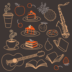 Lifestyle doodles vector icon set, sketchy food, music, and book collection