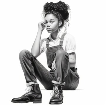 Black young woman in thinking and doubts monochrome illustration. Female hipster character with dreamy face on abstract background. Ai generated black and white drawn poster.