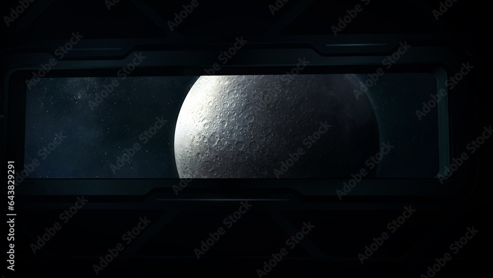 Poster view of the moon from the porthole of a spaceship.