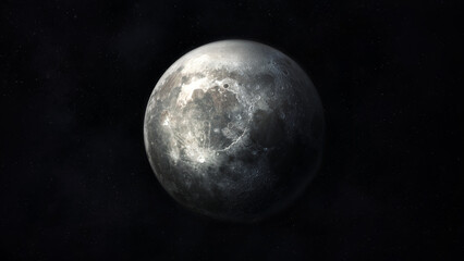 Detailed image of a dark gray moon in space.