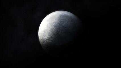 Dark gray image of a half-illuminated moon in space. 3D render