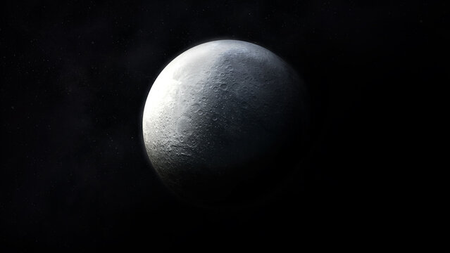 Dark gray image of a half-illuminated moon in space. 3D render