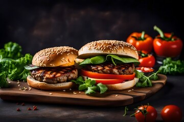 Sliced veal burger with vegetables, divided in half  