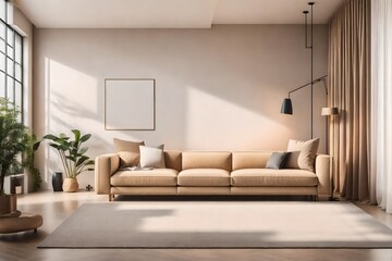 Japandi living room interior with cozy beige couch, modern minimalist design of apartment 