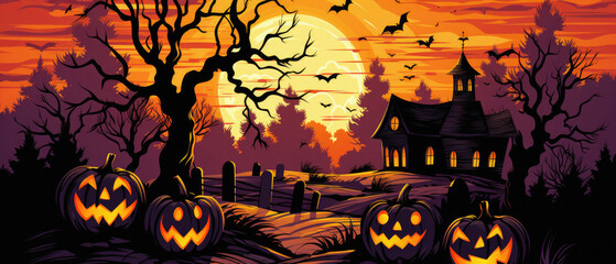 Happy Halloween background spooky scene, creepy dark night with moon, pumpkins and spooky trees on graveyard ghosts horror gothic evil cemetery landscape. Mysterious night moonlight backdrop.