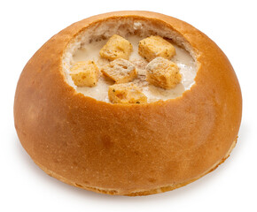 Cheesy Soup in a bread bowl on white background, Creamy soups to serve in a bread bowl isolate on white.