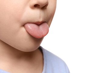 Little boy showing his tongue on white background, closeup