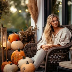 Young pretty lady relaxing on her fall decorated balcony, beautiful woman sitting on her balcony, autumn decor with pumpkins and candles