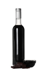 Delicious syrup for coffee and pieces of dark chocolate on white background