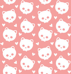 Vector seamless pattern of hand drawn flat cute cat skull and hearts silhouette isolated on pink background