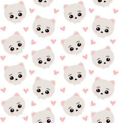 Fototapeta premium Vector seamless pattern of hand drawn flat cute cat skull and hearts isolated on white background