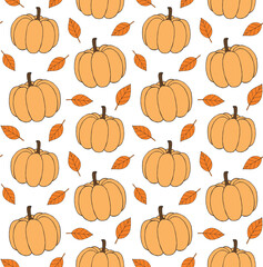 Vector seamless pattern of hand drawn sketch doodle pumpkin and leaves isolated on white background