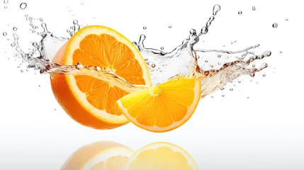 Fotobehang Half of a ripe orange fruit with orange juice splash water isolated on white background. © Ziyan Yang