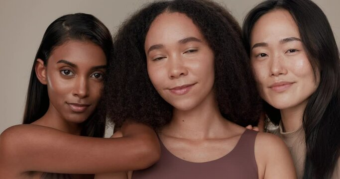 Diversity, beauty and face of women in studio for empowerment, wellness and skincare. Inclusion, friends and portrait of group of people for dermatology, natural skin and support on brown background
