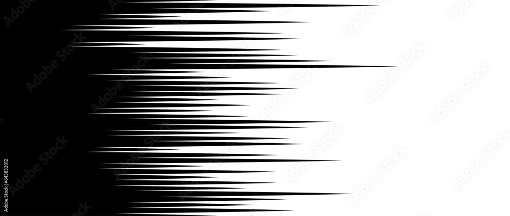 Poster Straight speed lines repeating pattern. Black and white horizontal stripes gradient. Abstract fast effect texture. Comic cartoon rays and beams wallpaper. Vector background