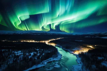 Selbstklebende Fototapeten Ethereal Arctic Skies: Enchanting Aerial Display of Vibrant Northern Lights, Celestial Ribbons Illuminate Mystical Night Landscape © aicandy