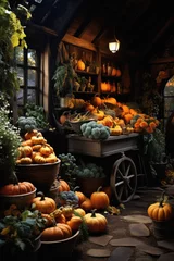 Foto op Canvas Halloween spooky background, scary jack o lantern pumpkins in creepy dark Happy Haloween ghosts horror mysterious night village street garden with old haunted house mystic backdrop. © Synthetica