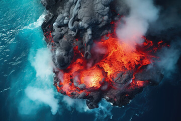 Epic Aerial Perspective: Explosive Underwater Volcano Unleashing Fiery Lava, Thriving Marine Life, and Sublime Geological Wonders