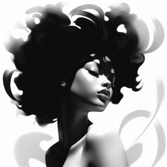 Black young woman in thinking and doubts monochrome illustration. Female hipster character with dreamy face on abstract background. Ai generated black and white drawn poster.