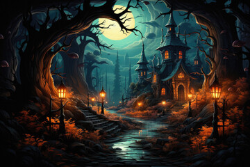 Happy Halloween background spooky scene, creepy dark night with moon, pumpkins and spooky trees on graveyard ghosts horror gothic evil cemetery landscape. Mysterious night moonlight backdrop.