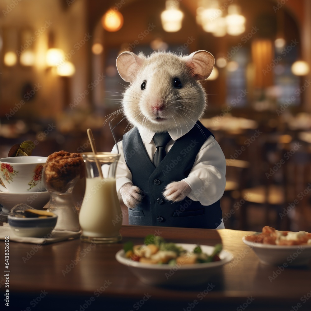 Aufkleber a mouse dressed in a vest and tie standing in front of a table full of food. generative ai.