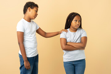 Attractive African American girl and boy, little brother apologizing to his little sister supporting - obrazy, fototapety, plakaty