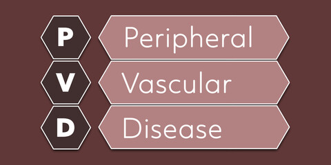 PVD Peripheral Vascular Disease. An Acronym Abbreviation of a common Medical term. Illustration isolated on red background