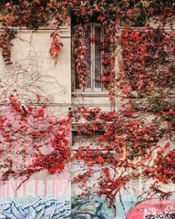 Casa con flores y hojas rojas de enredadera en primavera en el Parque Botanico en Montevideo, Uruguay