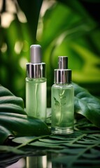  transparent bottles of a cosmetic product on green leaves on a tropical forest background. close-up. 