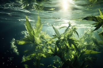 Fototapeta na wymiar Abstract image of cannabis thrown into the water, view from under the water.