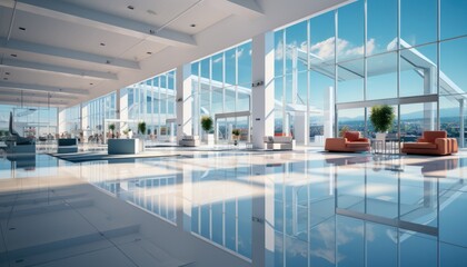 White empty modern open space loft office interior, glass walls and large windows, bright white furnishings. 