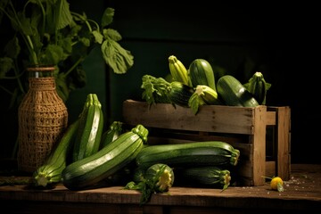 A group of zucchini artistically stacked in a box and laid out according to the composition for the photo