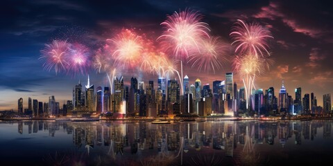 Obraz premium A city skyline with fireworks in the sky. Generative AI.