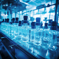 Pharmaceutical bottles in the manufacturing process at a drug production facility, with machinery efficiently handling the production line for medical glass containers.