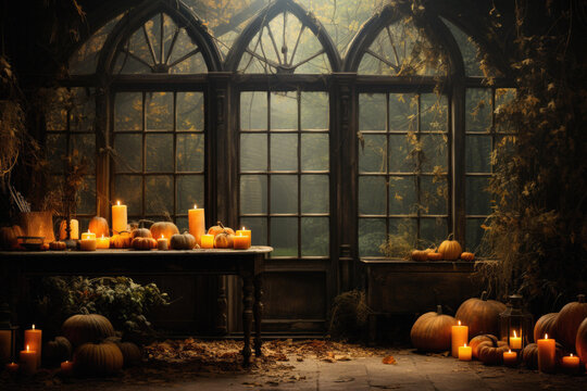 Happy Halloween background spooky scene, creepy dark night with jack o lantern pumpkins spooky ghosts horror gothic evil mysterious night haunted haloween house backdrop.