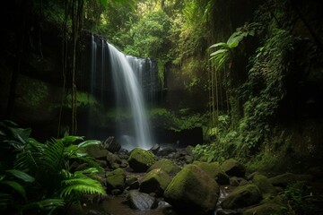 Breathtaking jungle waterfall in Bali's Leke-Leke near Ubud; a secluded treasure. Generative AI